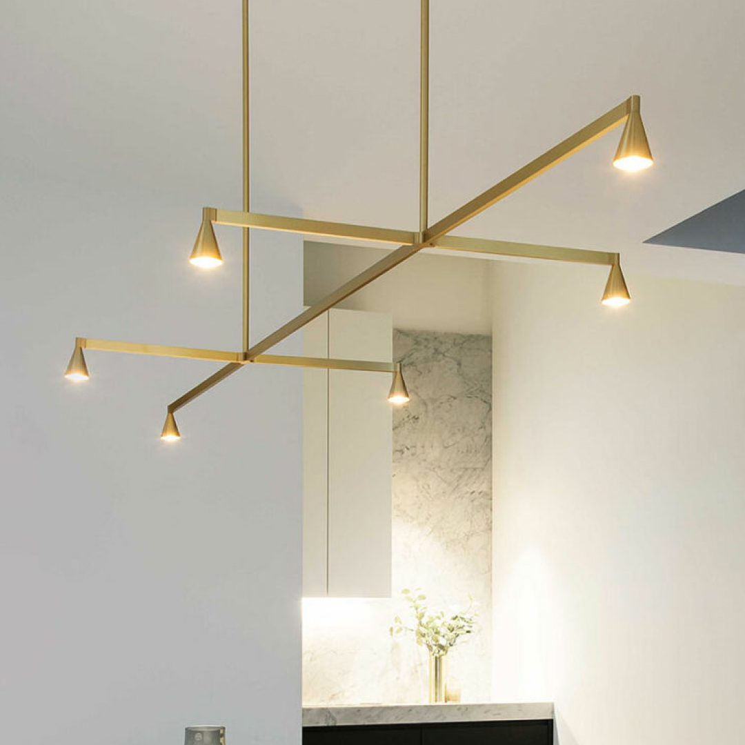 Austere Suspension by Hans Verstuyft | 1 + SURL 79 | Centre L750mm | End L500mm | Side L250mm | Rod L790mm | Black power cord & steel cable | 6 x Led array 6W inc | Remote mounted drive + cover / canopy