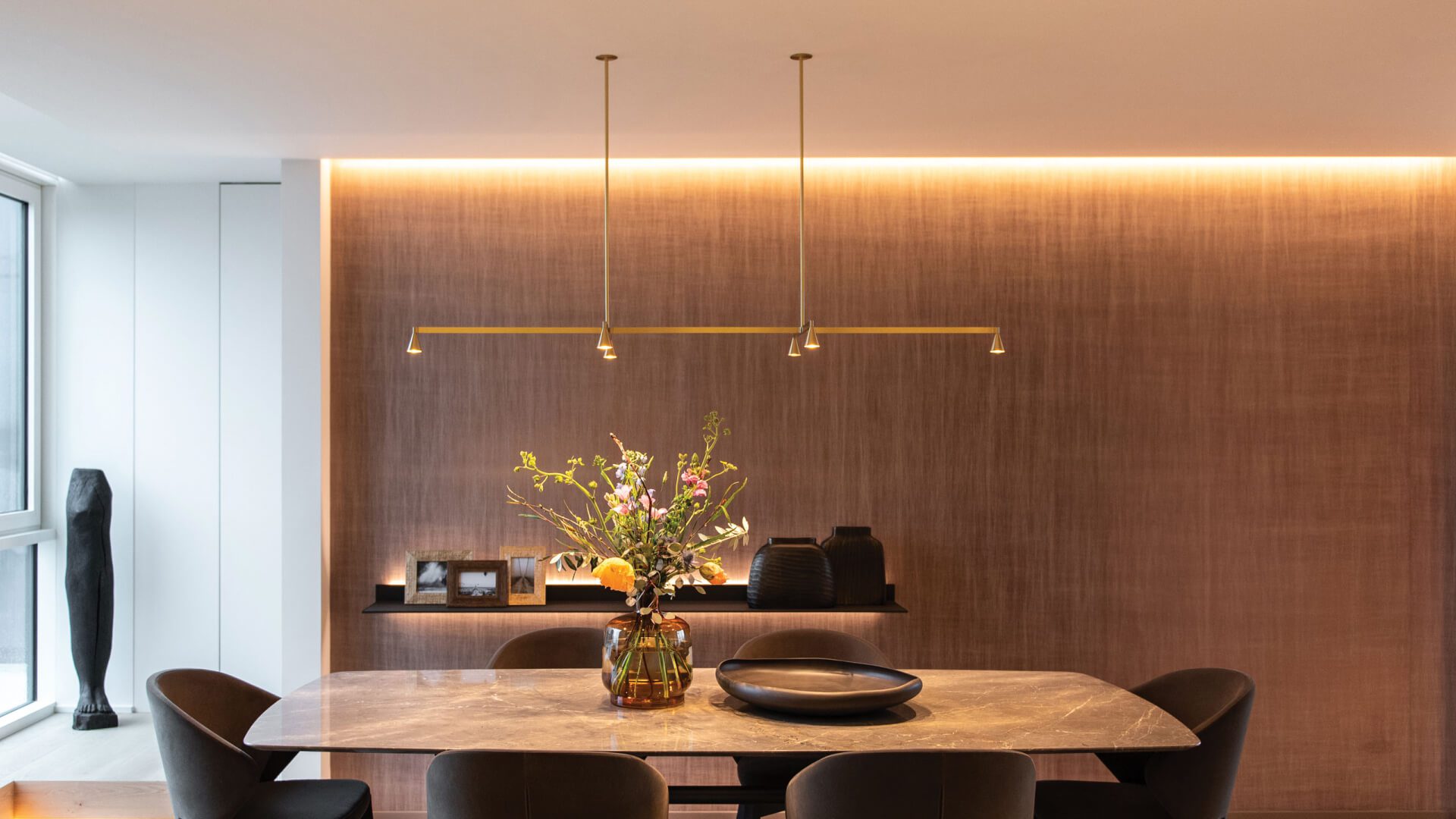 Austere Suspension by Hans Verstuyft | 1 + SURL 79 | Centre L750mm | End L500mm | Side L250mm | Rod L790mm | Black power cord & steel cable | 6 x Led array 6W inc | Remote mounted drive + cover / canopy