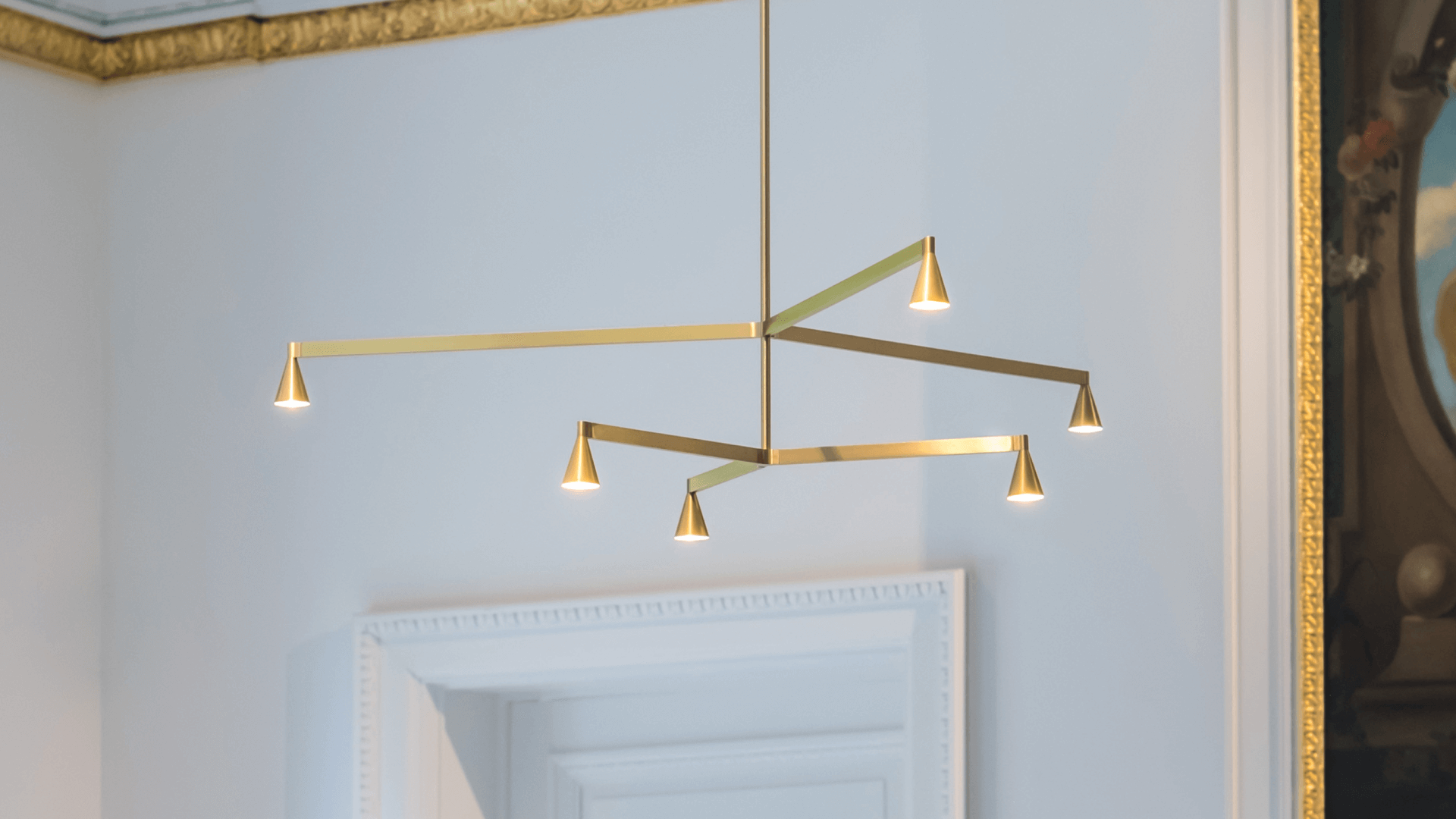 Austere Chandelier | by Hans Verstuyft 2Y | RL 79 | L500mm + 750mm | Black cable with 2 metre steel cable | Canopy C6 false ceiling | Driver 1-10V / PUSH L350 x B30 x H21 ( ceiling mounted)